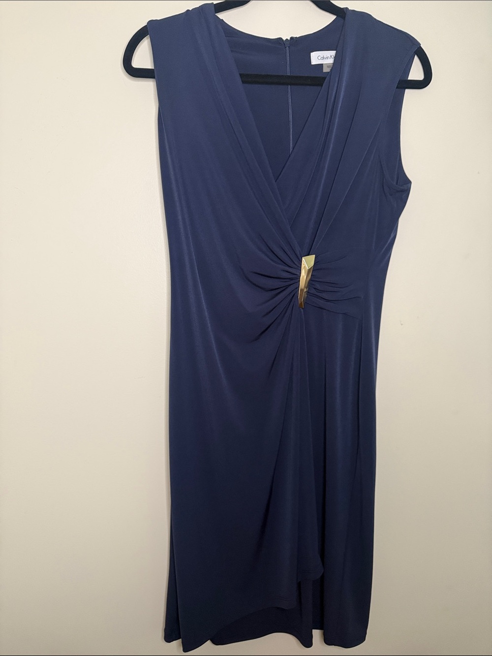 Calvin Klein Navy Faux-Wrap Midi Dress with Gold Detail